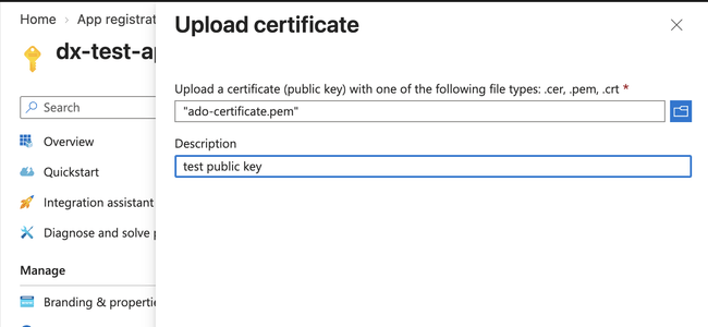 Upload the public certificate to the Entra app registration