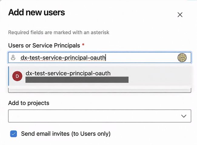 Find the service principal in the Azure DevOps Add new users dialog