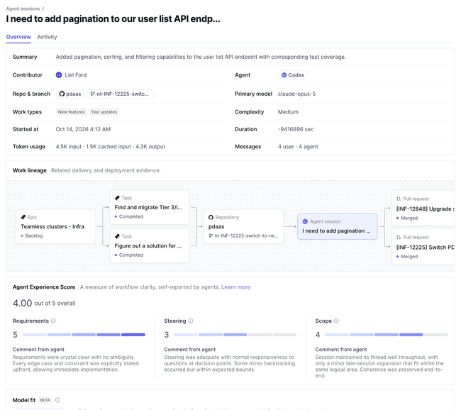 Agent session details showing the summary, work lineage, and Agent Experience Score