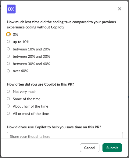 Survey form questions shown to the user in Slack