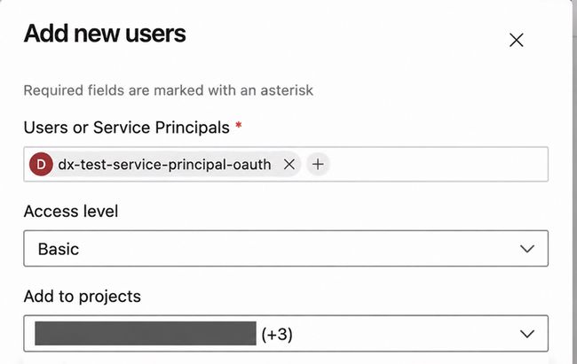 Assign Basic access and select projects for the service principal