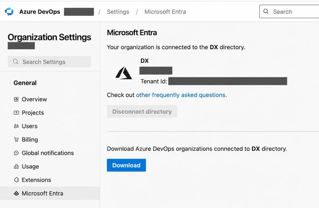 Azure DevOps organization settings showing the connected Microsoft Entra directory