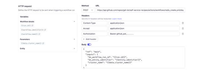 Workflows settings page: parameters section