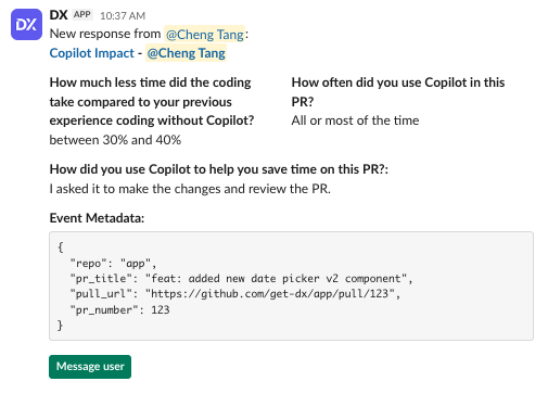 Completed survey response posted to a Slack channel